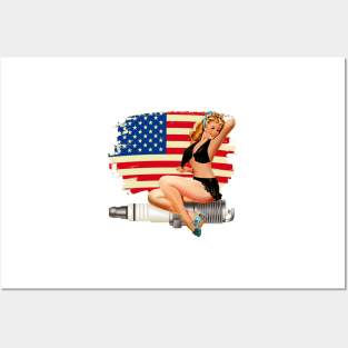 Sexy Pin Up Girl on Spark Plug - American Flag Posters and Art